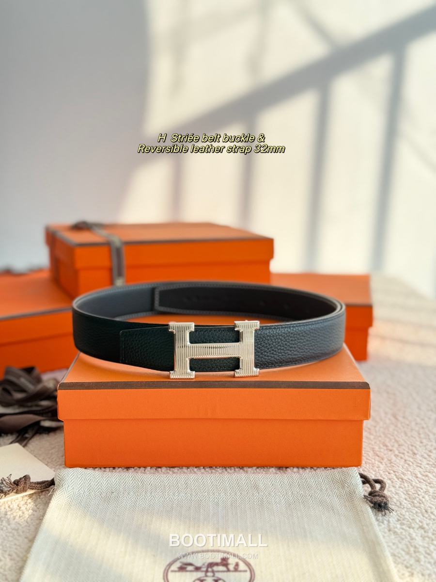 Hermès H Striée Buckle Reversible 에르메스 H 스트리에 버클 리버서블 토고 카프스킨 벨트 블랙 은장 3.2cm 2