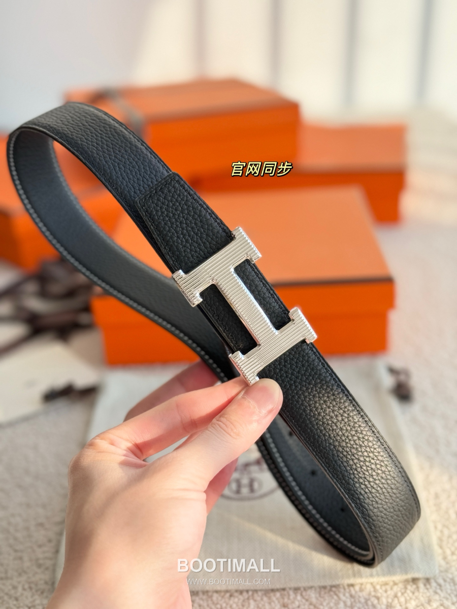 Hermès H Striée Buckle Reversible 에르메스 H 스트리에 버클 리버서블 토고 카프스킨 벨트 블랙 은장 3.2cm 3