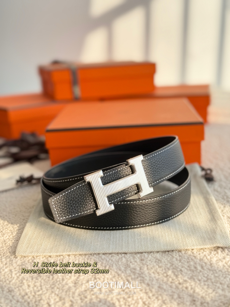 Hermès H Striée Buckle Reversible 에르메스 H 스트리에 버클 리버서블 토고 카프스킨 벨트 블랙 은장 3.2cm 7