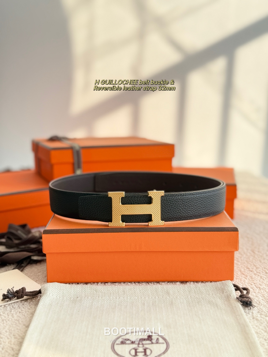 Hermès H Striée Buckle Reversible 에르메스 H 스트리에 버클 리버서블 토고 카프스킨 벨트 블랙/다크브라운 금장 3.2cm 2