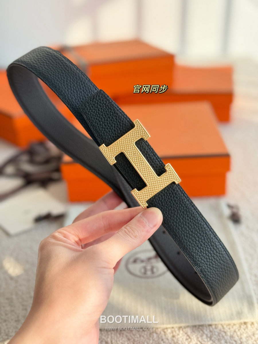 Hermès H Striée Buckle Reversible 에르메스 H 스트리에 버클 리버서블 토고 카프스킨 벨트 블랙/다크브라운 금장 3.2cm 3