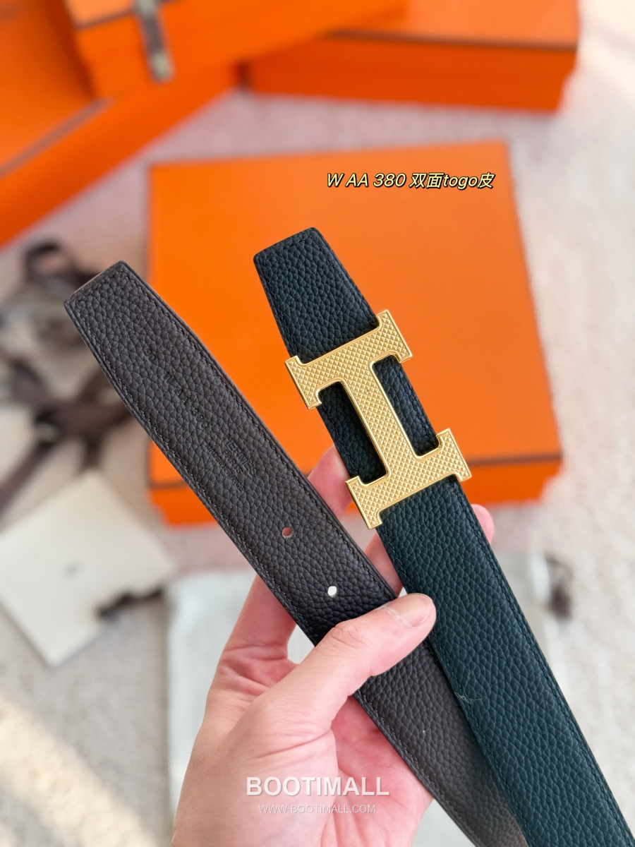 Hermès H Striée Buckle Reversible 에르메스 H 스트리에 버클 리버서블 토고 카프스킨 벨트 블랙/다크브라운 금장 3.2cm 4