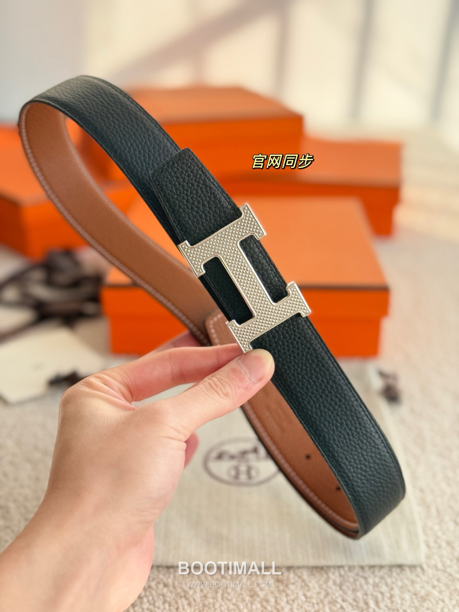 Hermès H Striée Buckle Reversible 에르메스 H 스트리에 버클 리버서블 토고 카프스킨 벨트 블랙/브라운 은장 3.2cm 2