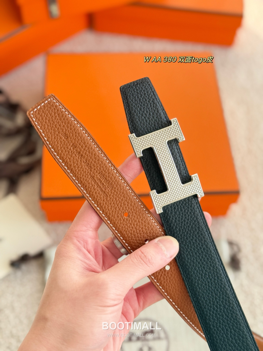 Hermès H Striée Buckle Reversible 에르메스 H 스트리에 버클 리버서블 토고 카프스킨 벨트 블랙/브라운 은장 3.2cm 3