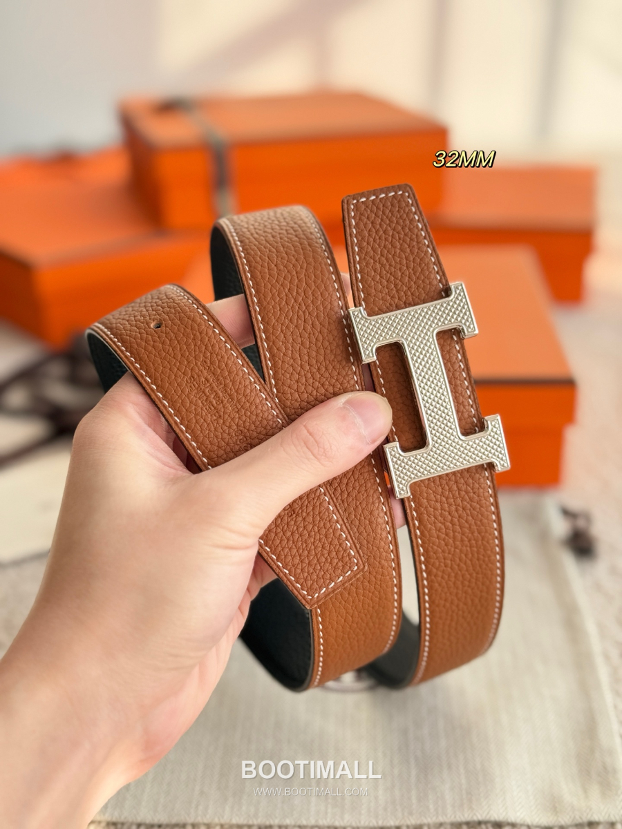 Hermès H Striée Buckle Reversible 에르메스 H 스트리에 버클 리버서블 토고 카프스킨 벨트 블랙/브라운 은장 3.2cm 6
