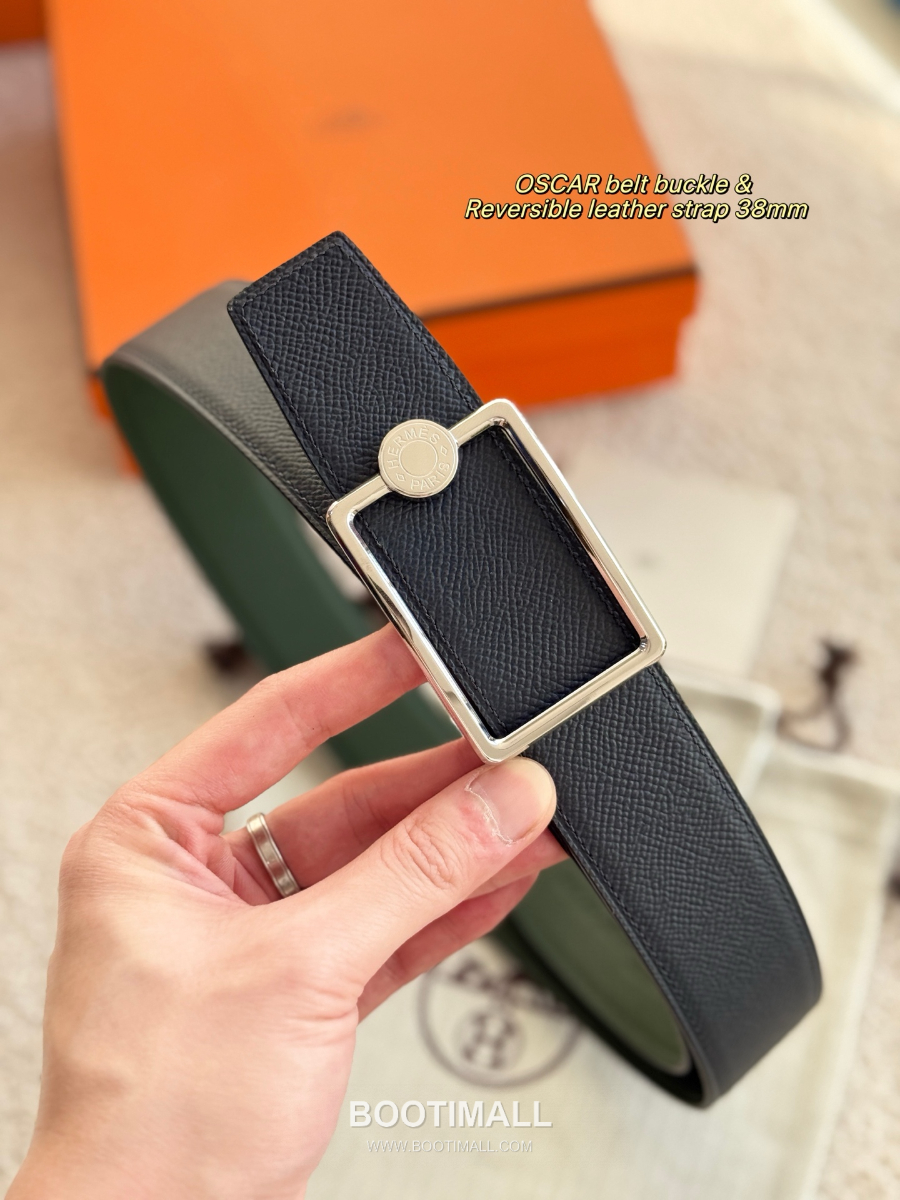 Hermès Oscar Buckle & Reversible Epsom 에르메스 오스카 버클 리버서블 엡송 카프스킨 벨트 네이비/그린 은장 3.8cm 3