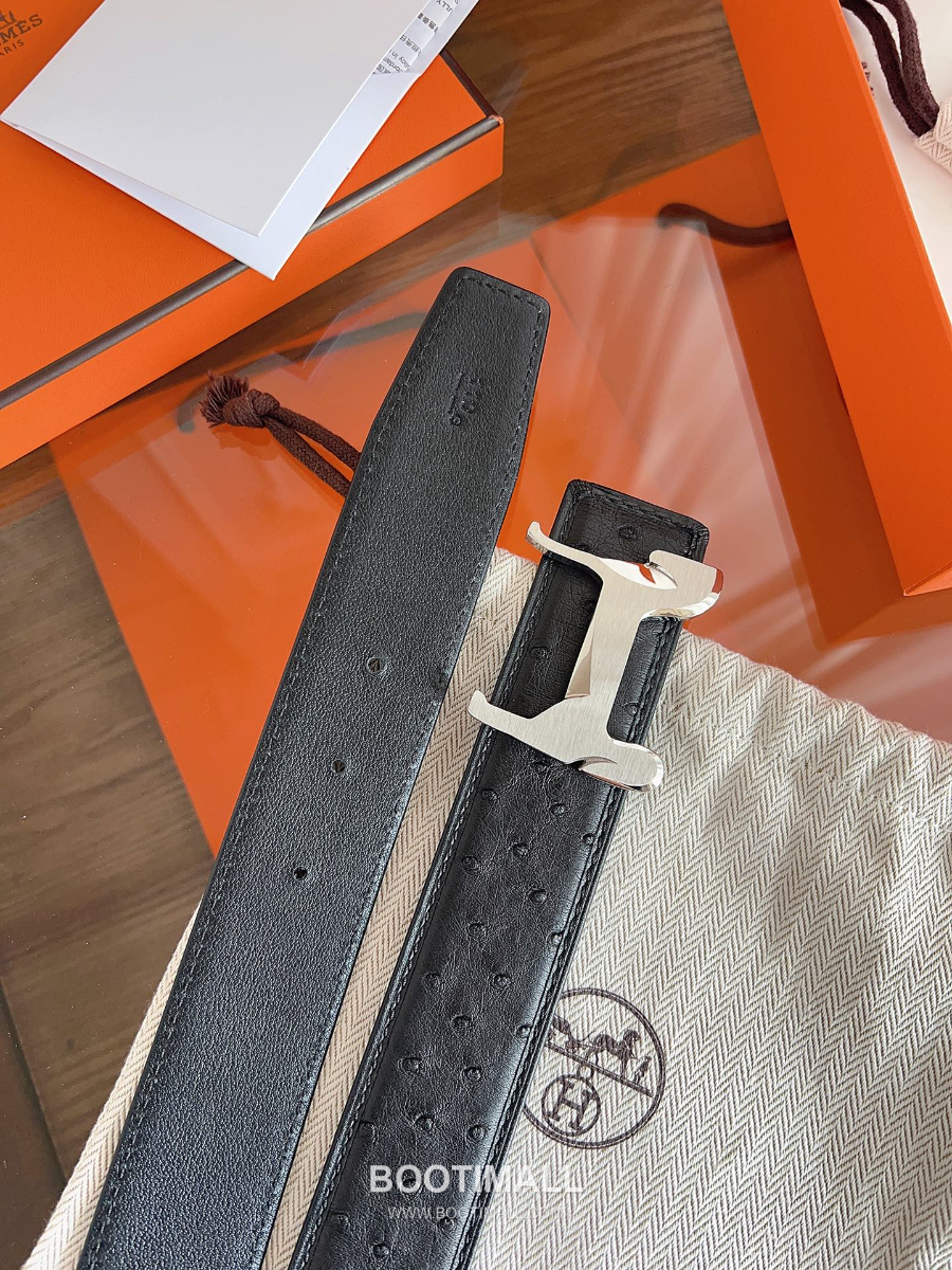Hermès H Buckle Ostrich Leather Belt 에르메스 H 버클 오스트리치 레더 벨트 블랙 은장 3.8cm 1