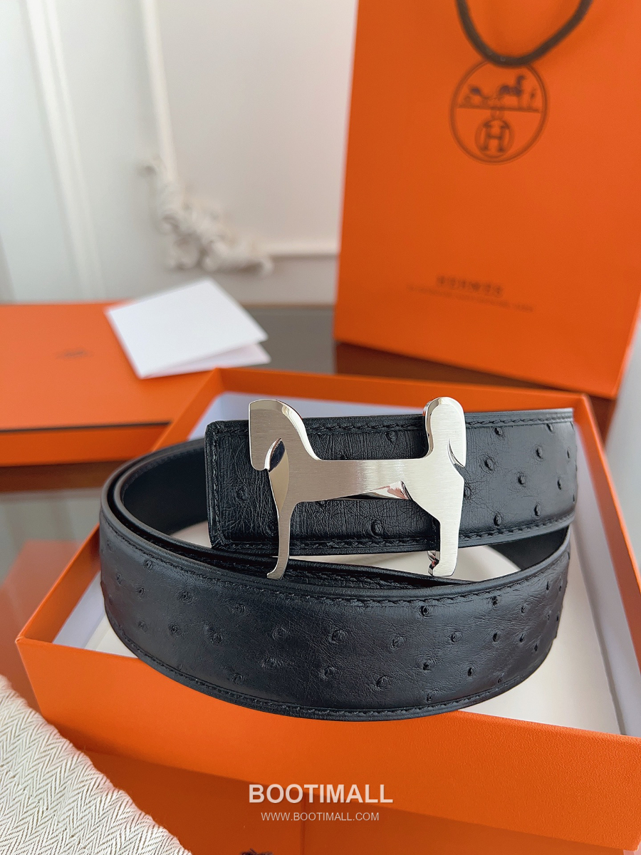Hermès H Buckle Ostrich Leather Belt 에르메스 H 버클 오스트리치 레더 벨트 블랙 은장 3.8cm 2