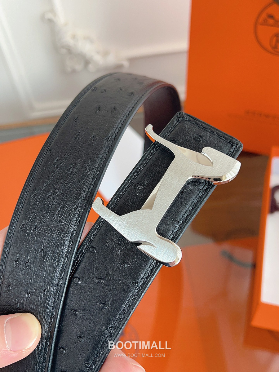 Hermès H Buckle Ostrich Leather Belt 에르메스 H 버클 오스트리치 레더 벨트 블랙 은장 3.8cm 3