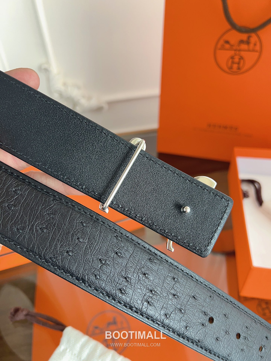 Hermès H Buckle Ostrich Leather Belt 에르메스 H 버클 오스트리치 레더 벨트 블랙 은장 3.8cm 4