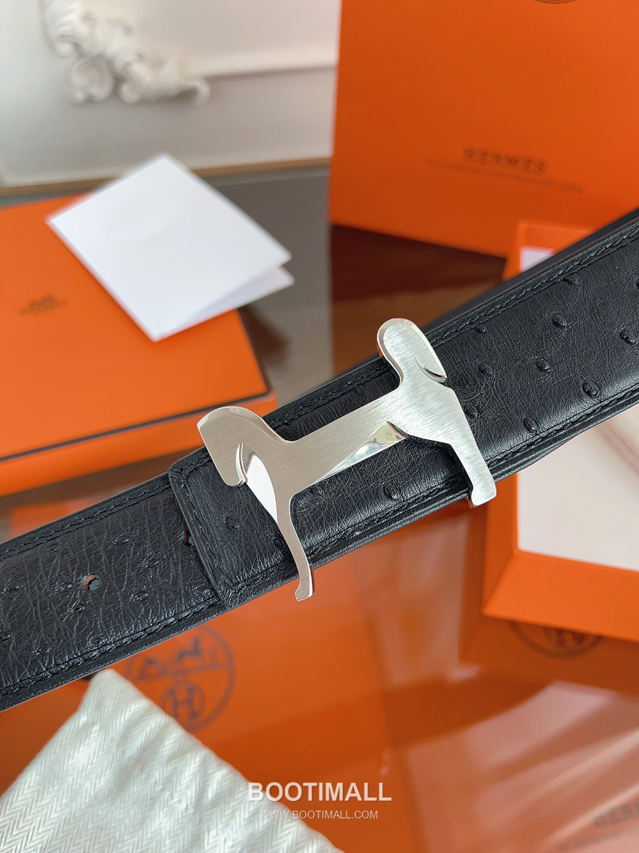 Hermès H Buckle Ostrich Leather Belt 에르메스 H 버클 오스트리치 레더 벨트 블랙 은장 3.8cm 5