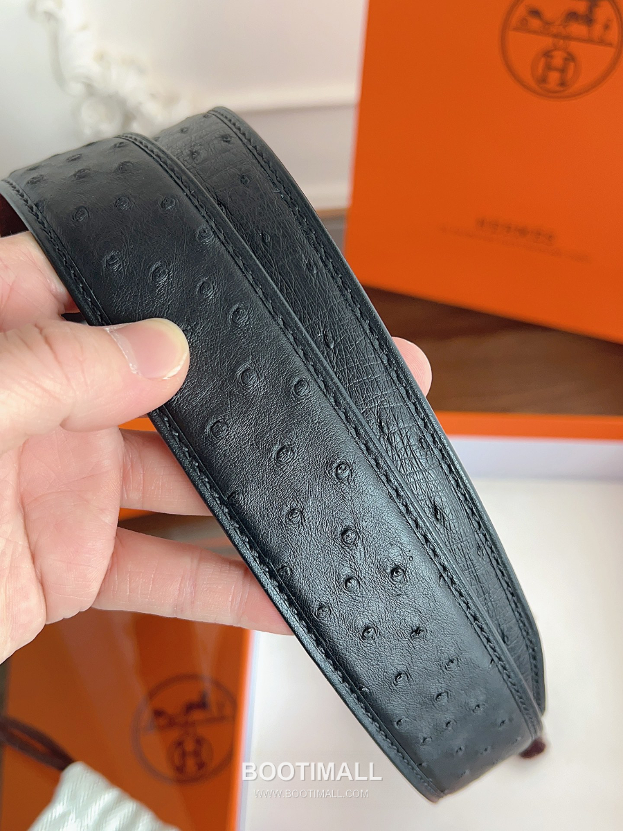 Hermès H Buckle Ostrich Leather Belt 에르메스 H 버클 오스트리치 레더 벨트 블랙 은장 3.8cm 6