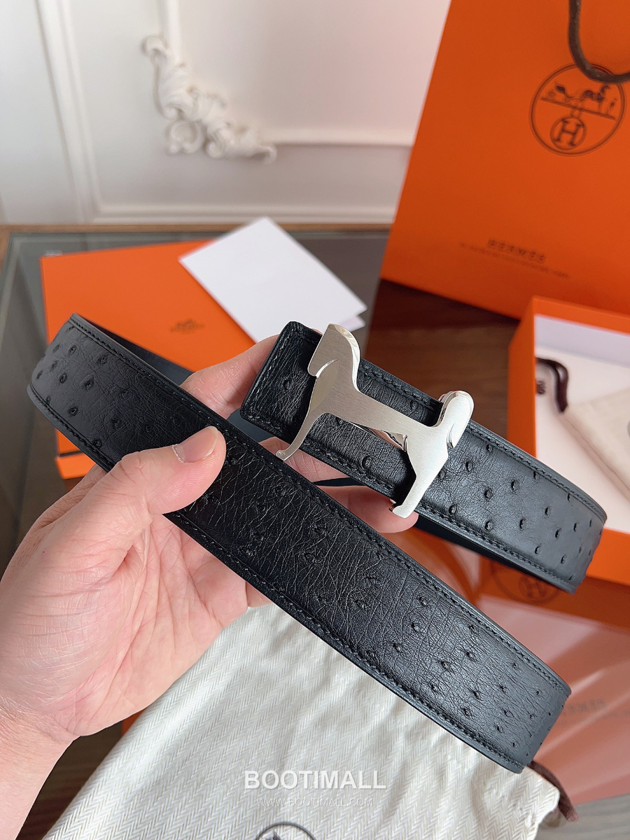 Hermès H Buckle Ostrich Leather Belt 에르메스 H 버클 오스트리치 레더 벨트 블랙 은장 3.8cm 7
