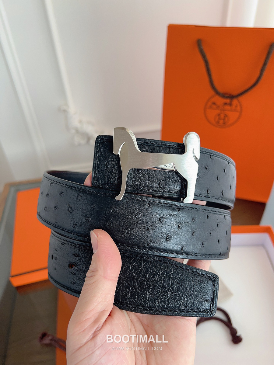 Hermès H Buckle Ostrich Leather Belt 에르메스 H 버클 오스트리치 레더 벨트 블랙 은장 3.8cm 8