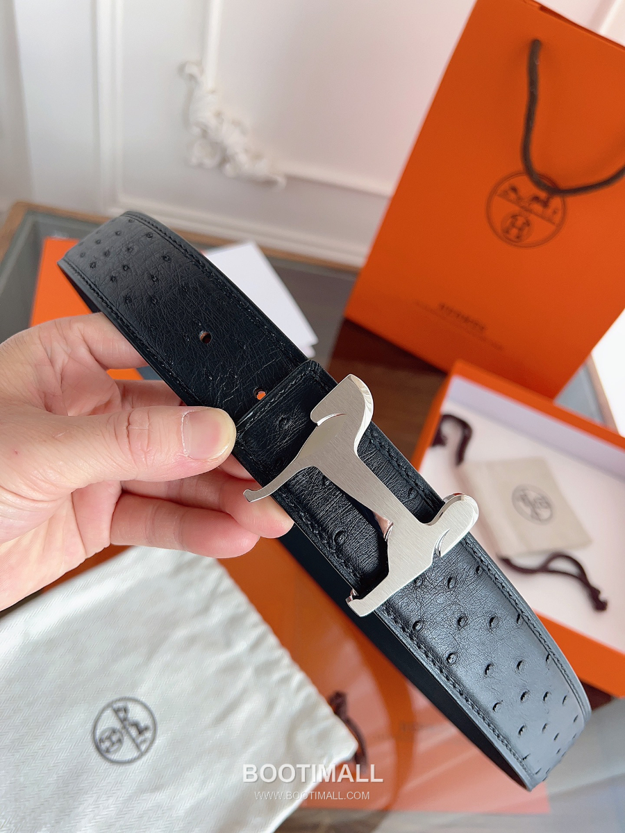 Hermès H Buckle Ostrich Leather Belt 에르메스 H 버클 오스트리치 레더 벨트 블랙 은장 3.8cm 9
