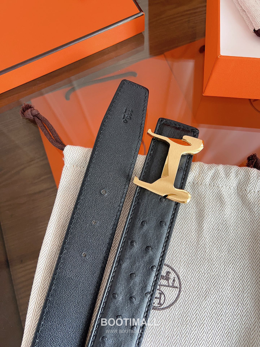 Hermès H Buckle Ostrich Leather Belt 에르메스 H 버클 오스트리치 레더 벨트 블랙 금장 3.8cm 1