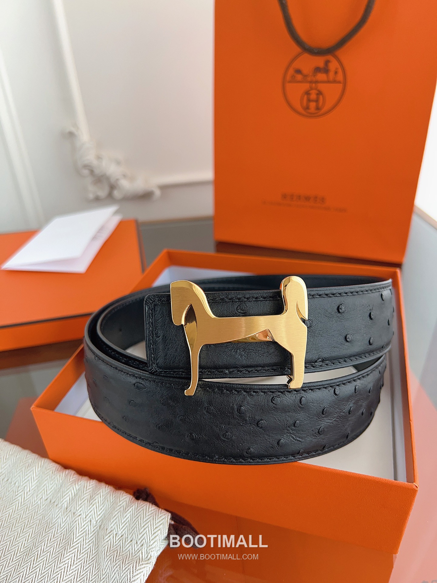 Hermès H Buckle Ostrich Leather Belt 에르메스 H 버클 오스트리치 레더 벨트 블랙 금장 3.8cm 2