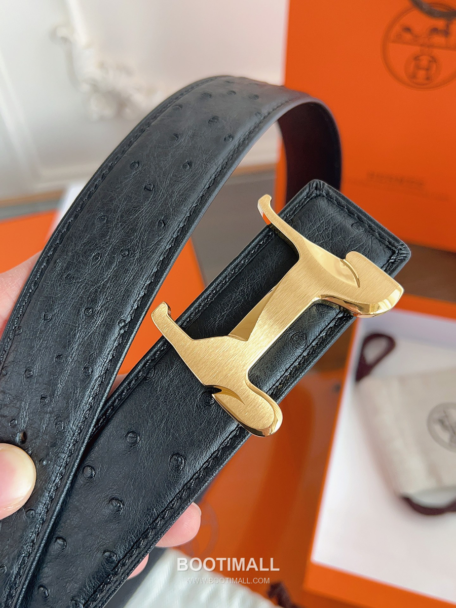 Hermès H Buckle Ostrich Leather Belt 에르메스 H 버클 오스트리치 레더 벨트 블랙 금장 3.8cm 3