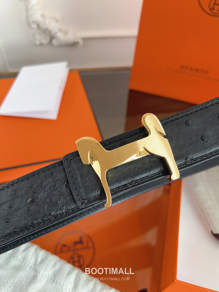 Hermès H Buckle Ostrich Leather Belt 에르메스 H 버클 오스트리치 레더 벨트 블랙 금장 3.8cm 5