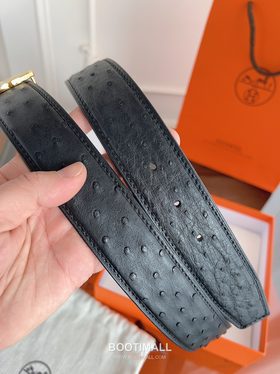 Hermès H Buckle Ostrich Leather Belt 에르메스 H 버클 오스트리치 레더 벨트 블랙 금장 3.8cm 6