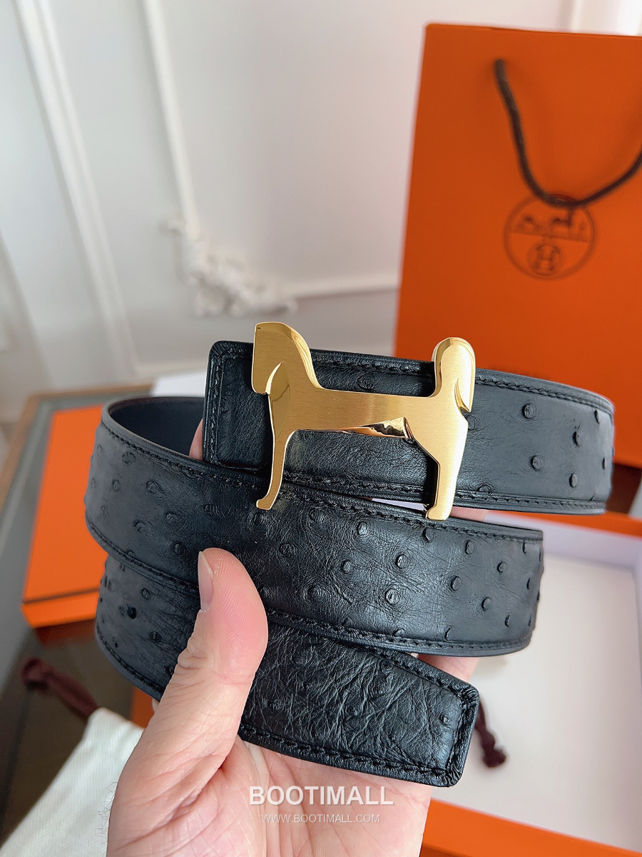 Hermès H Buckle Ostrich Leather Belt 에르메스 H 버클 오스트리치 레더 벨트 블랙 금장 3.8cm 8