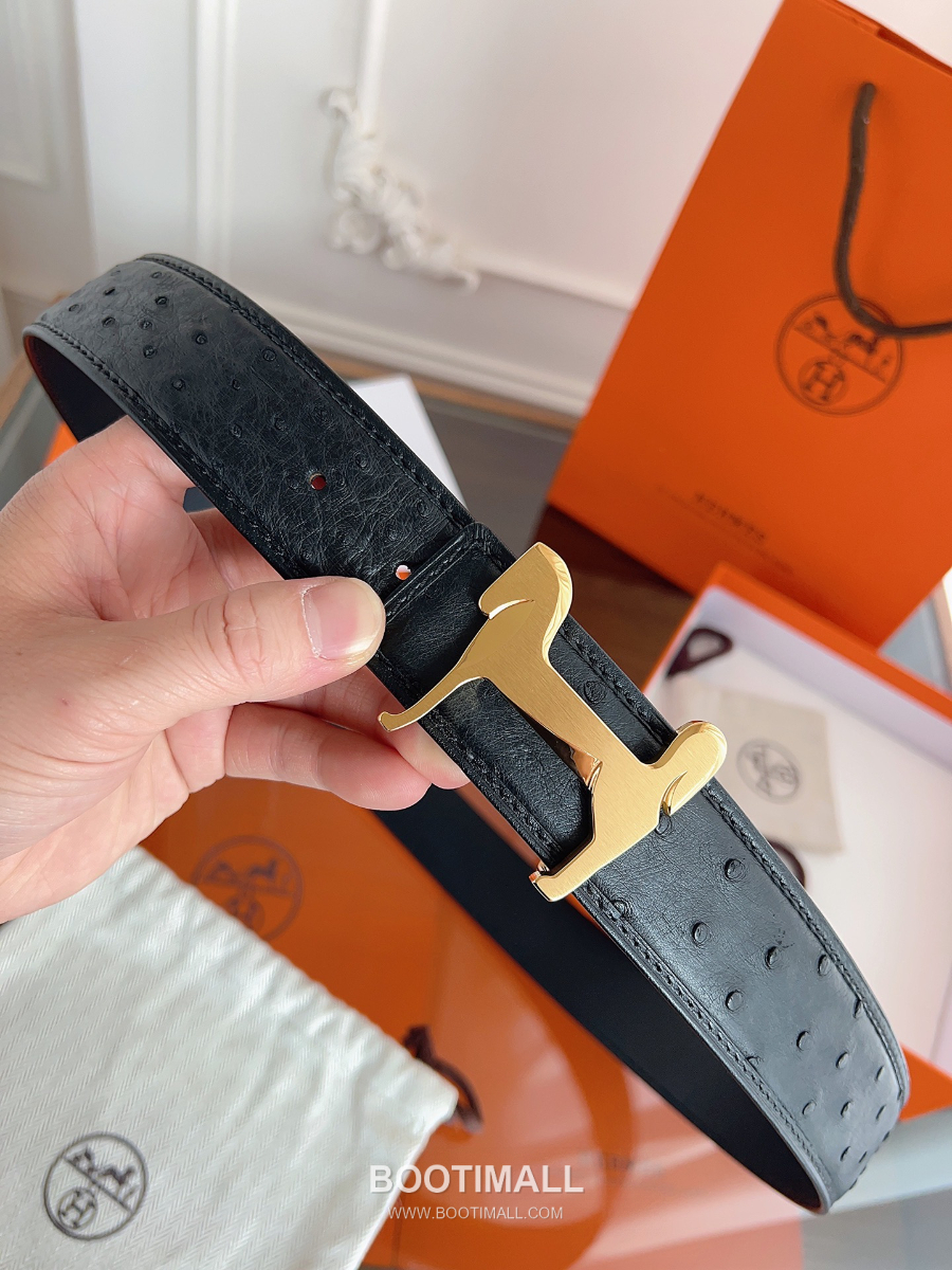 Hermès H Buckle Ostrich Leather Belt 에르메스 H 버클 오스트리치 레더 벨트 블랙 금장 3.8cm 9
