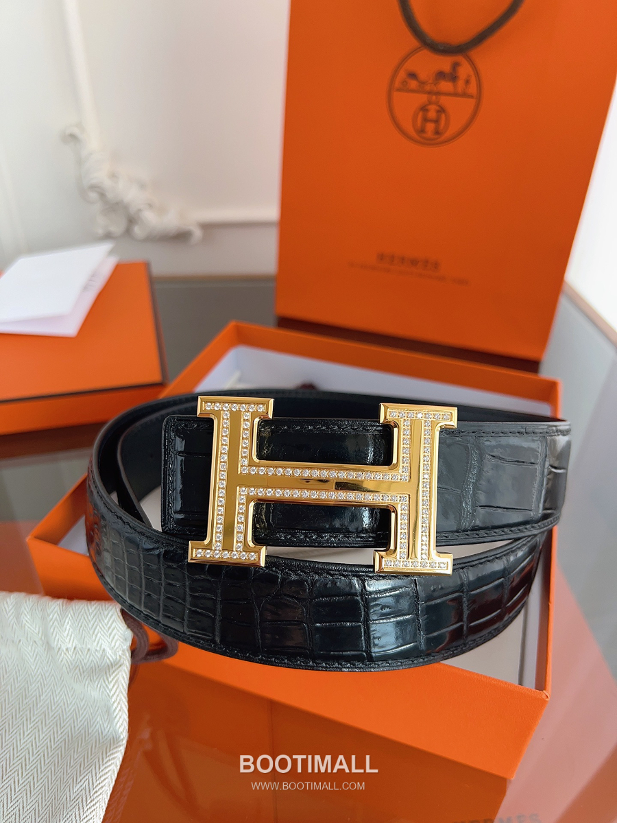 Hermès H Buckle Crocodile Belly Leather Belt 에르메스 H 버클 크로커다일 배가죽 벨트 금장 3.8cm 2