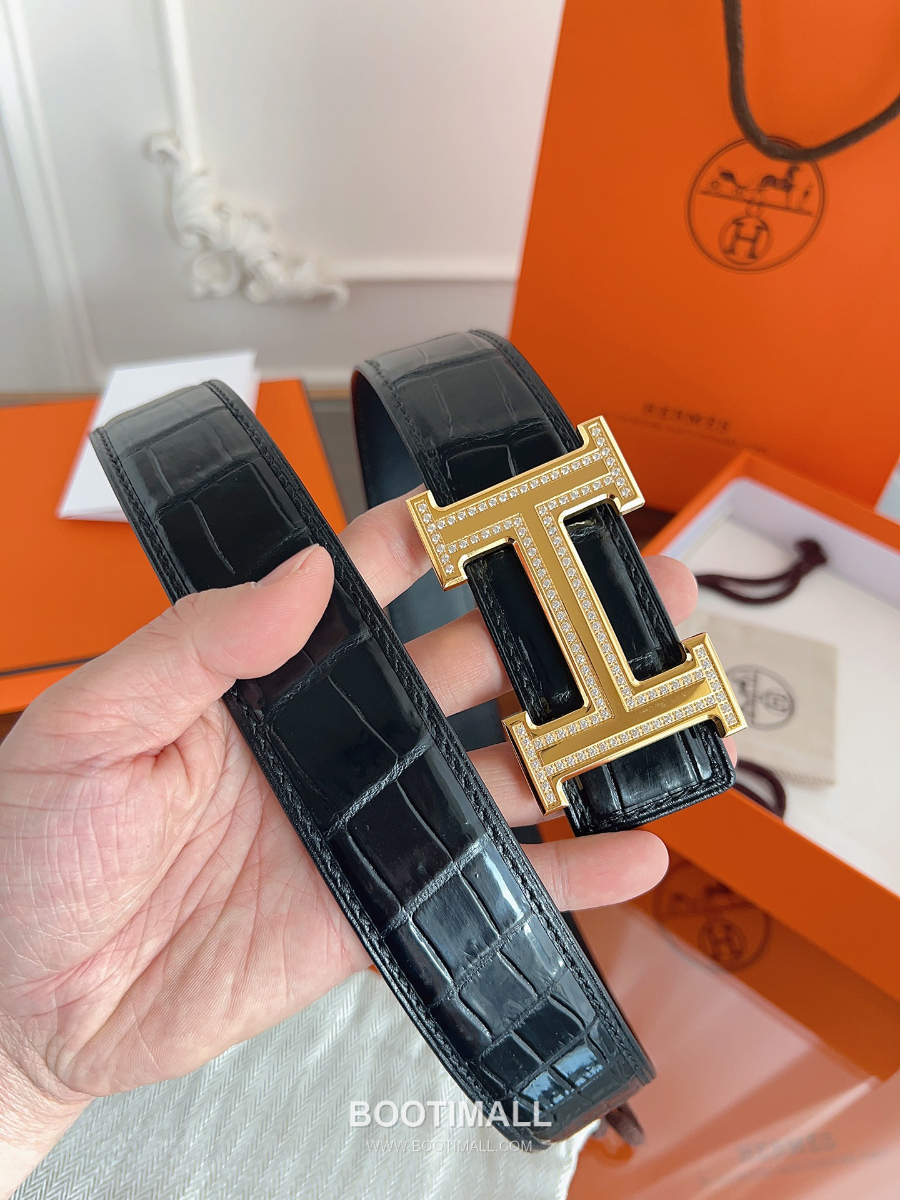 Hermès H Buckle Crocodile Belly Leather Belt 에르메스 H 버클 크로커다일 배가죽 벨트 금장 3.8cm 3