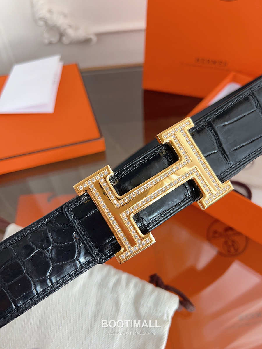 Hermès H Buckle Crocodile Belly Leather Belt 에르메스 H 버클 크로커다일 배가죽 벨트 금장 3.8cm 4
