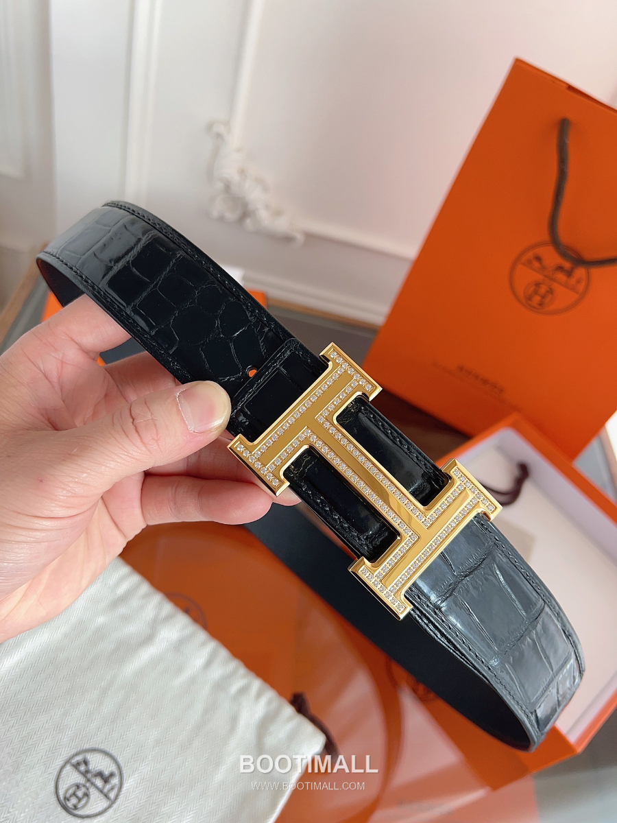 Hermès H Buckle Crocodile Belly Leather Belt 에르메스 H 버클 크로커다일 배가죽 벨트 금장 3.8cm 9