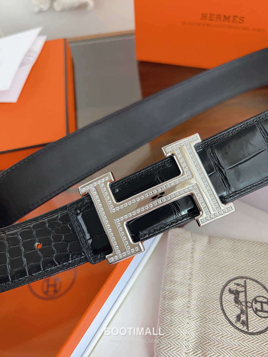 Hermès H Buckle Crocodile Belly Leather Belt 에르메스 H 버클 크로커다일 배가죽 벨트 은장 3.8cm 4