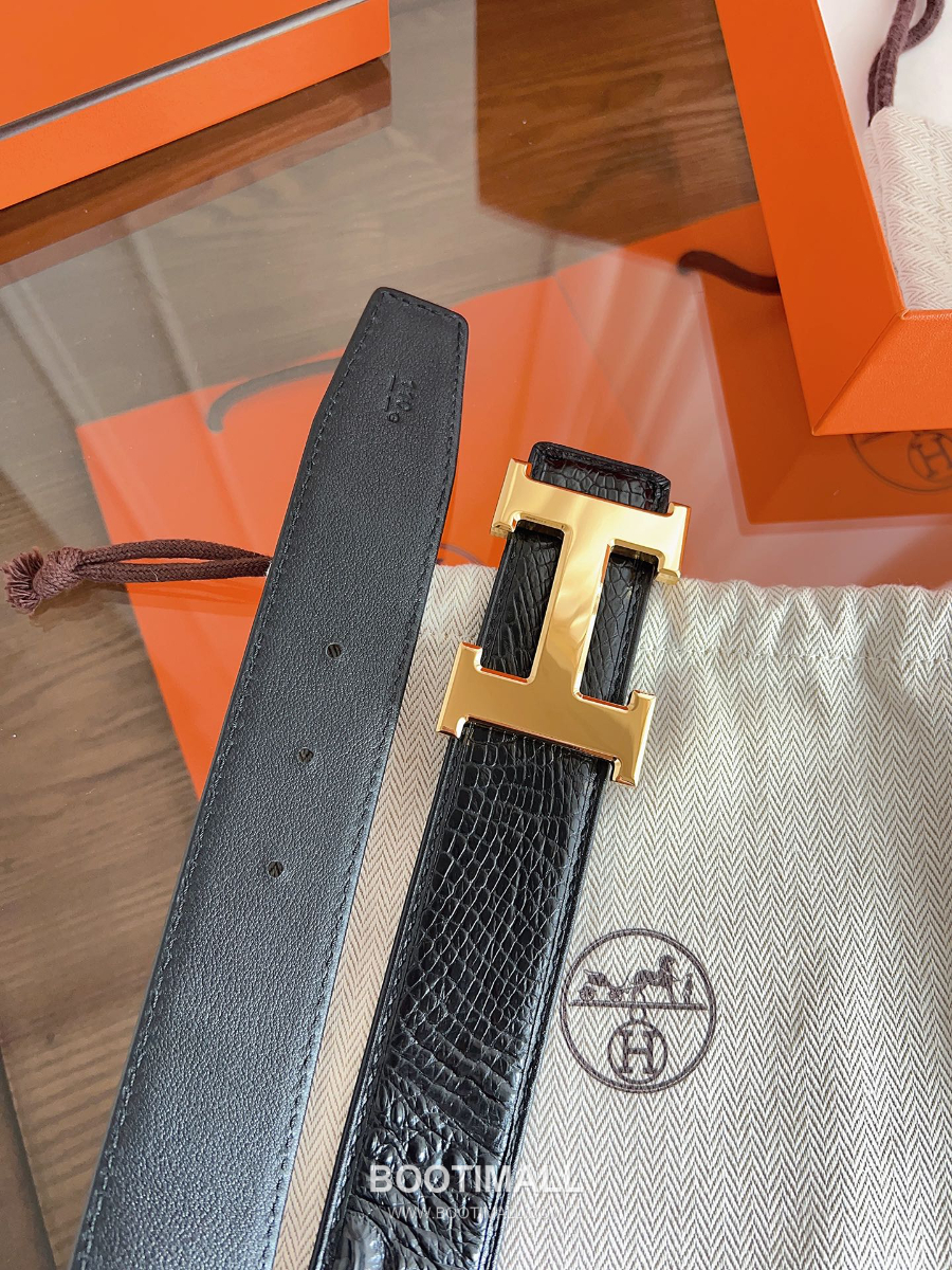 Hermès H Buckle Crocodile Hornback Leather Belt 에르메스 H 버클 크로커다일 혼백 레더 벨트 금장 3.8cm 1