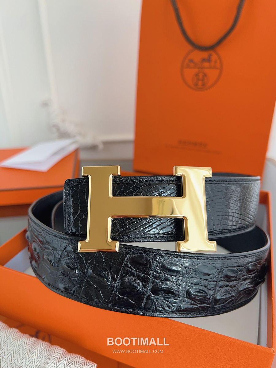 Hermès H Buckle Crocodile Hornback Leather Belt 에르메스 H 버클 크로커다일 혼백 레더 벨트 금장 3.8cm 2