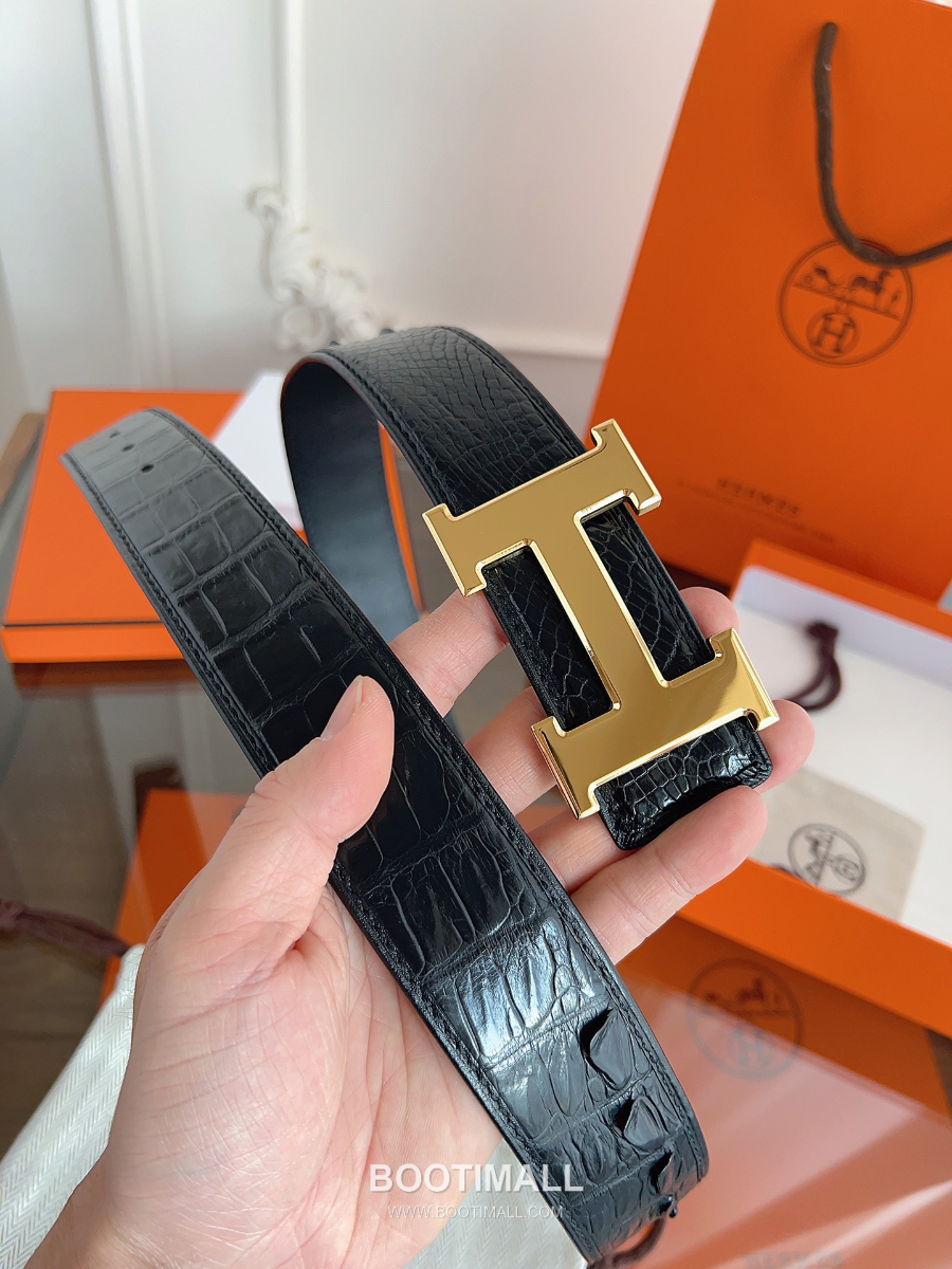 Hermès H Buckle Crocodile Hornback Leather Belt 에르메스 H 버클 크로커다일 혼백 레더 벨트 금장 3.8cm 3