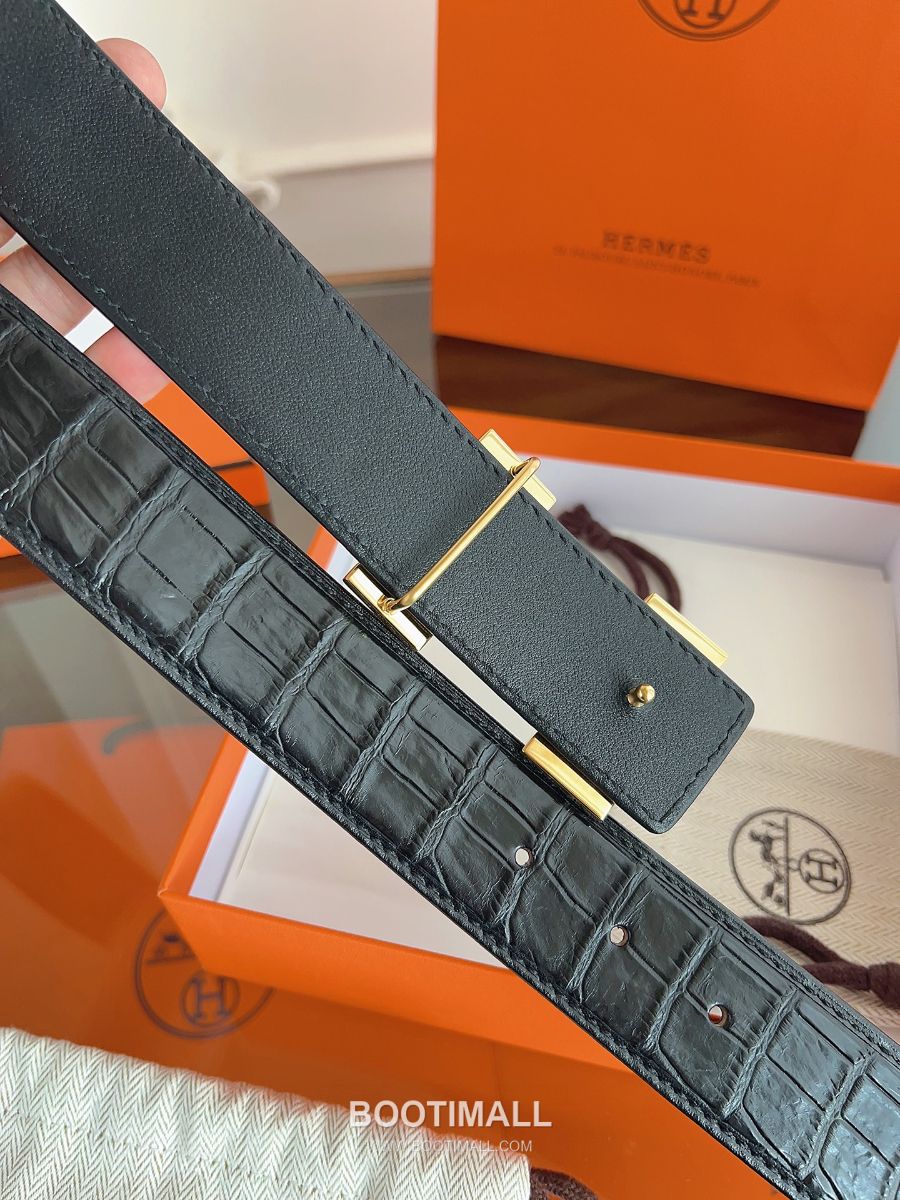 Hermès H Buckle Crocodile Hornback Leather Belt 에르메스 H 버클 크로커다일 혼백 레더 벨트 금장 3.8cm 5