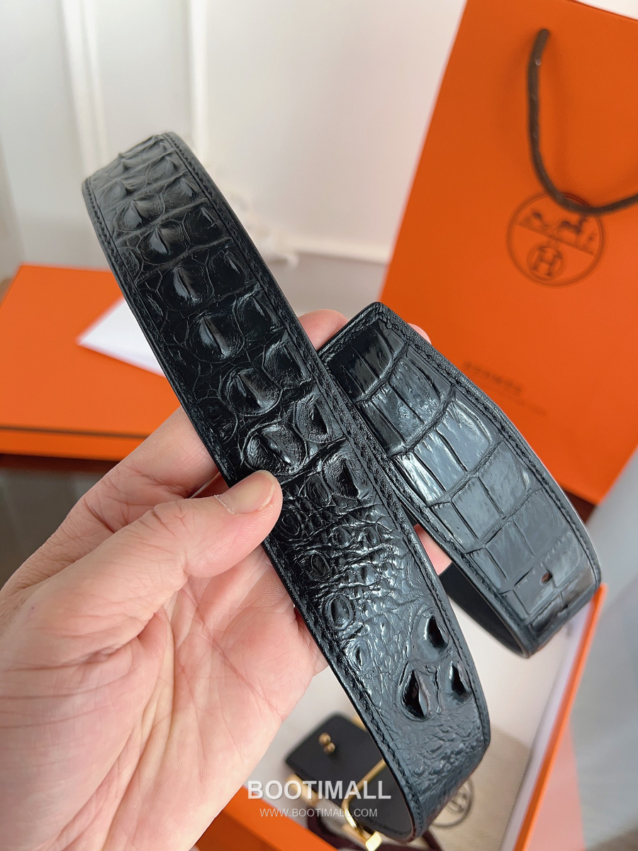 Hermès H Buckle Crocodile Hornback Leather Belt 에르메스 H 버클 크로커다일 혼백 레더 벨트 금장 3.8cm 6