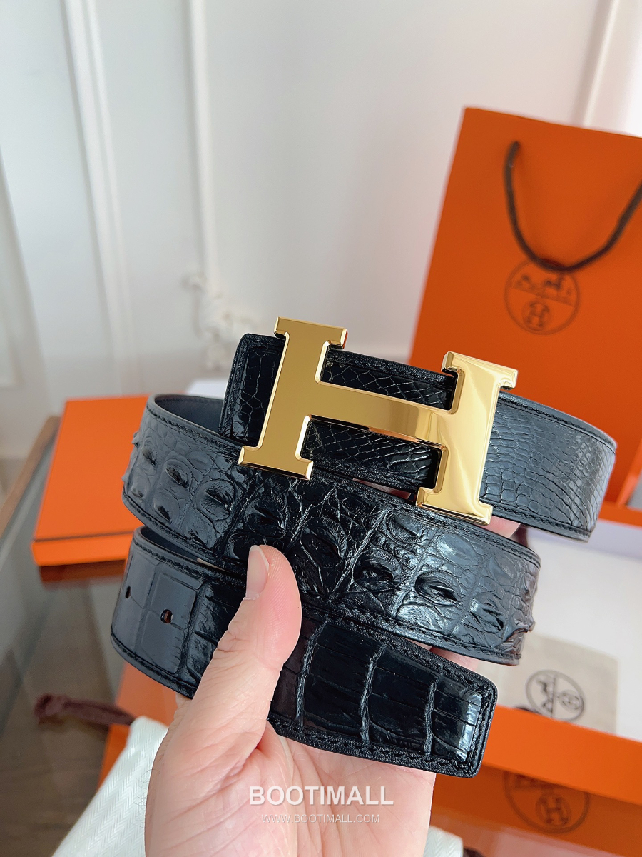 Hermès H Buckle Crocodile Hornback Leather Belt 에르메스 H 버클 크로커다일 혼백 레더 벨트 금장 3.8cm 8