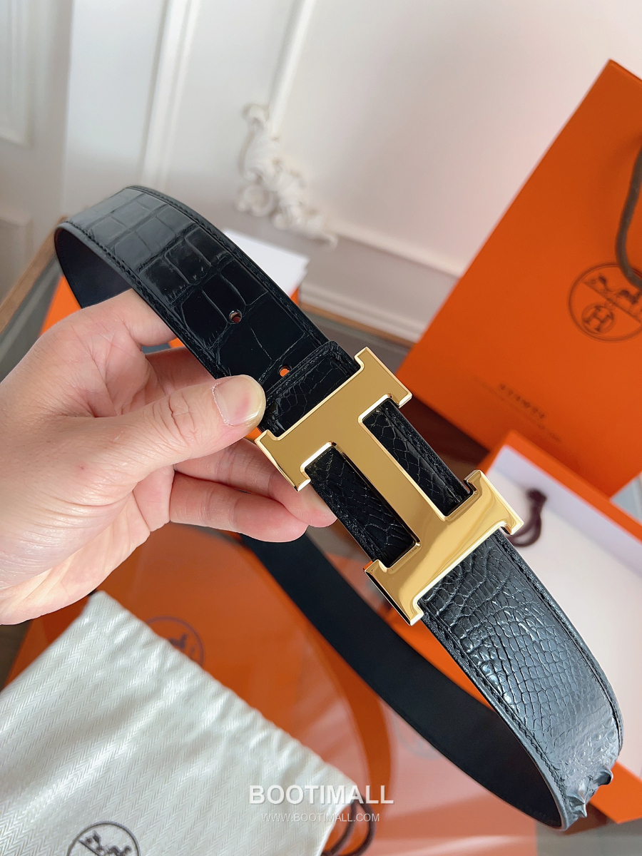 Hermès H Buckle Crocodile Hornback Leather Belt 에르메스 H 버클 크로커다일 혼백 레더 벨트 금장 3.8cm 9