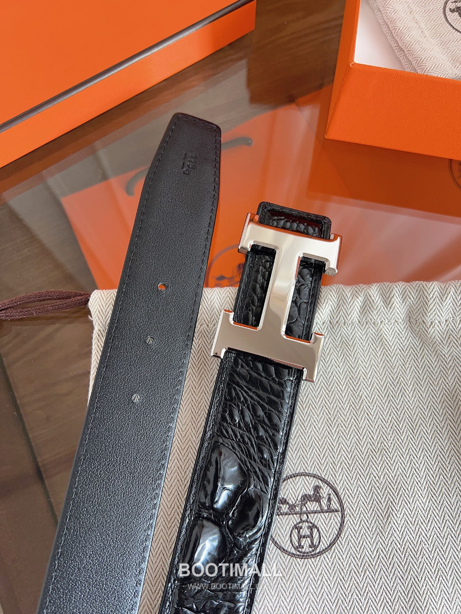 Hermès H Buckle Crocodile Hornback Leather Belt 에르메스 H 버클 크로커다일 혼백 레더 벨트 은장 3.8cm 1