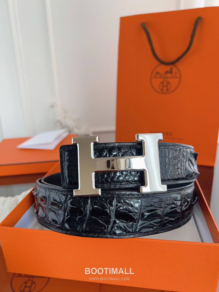 Hermès H Buckle Crocodile Hornback Leather Belt 에르메스 H 버클 크로커다일 혼백 레더 벨트 은장 3.8cm 2