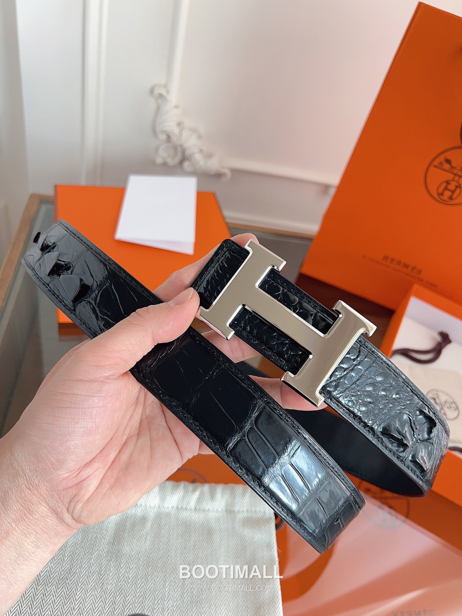 Hermès H Buckle Crocodile Hornback Leather Belt 에르메스 H 버클 크로커다일 혼백 레더 벨트 은장 3.8cm 3