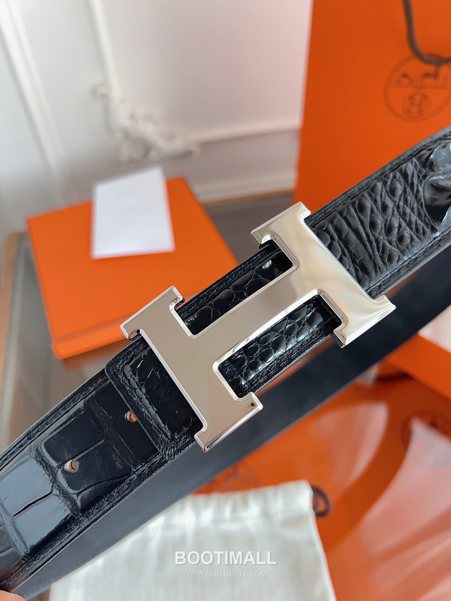 Hermès H Buckle Crocodile Hornback Leather Belt 에르메스 H 버클 크로커다일 혼백 레더 벨트 은장 3.8cm 7