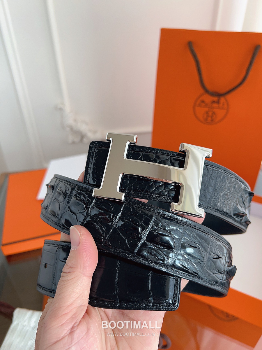 Hermès H Buckle Crocodile Hornback Leather Belt 에르메스 H 버클 크로커다일 혼백 레더 벨트 은장 3.8cm 8