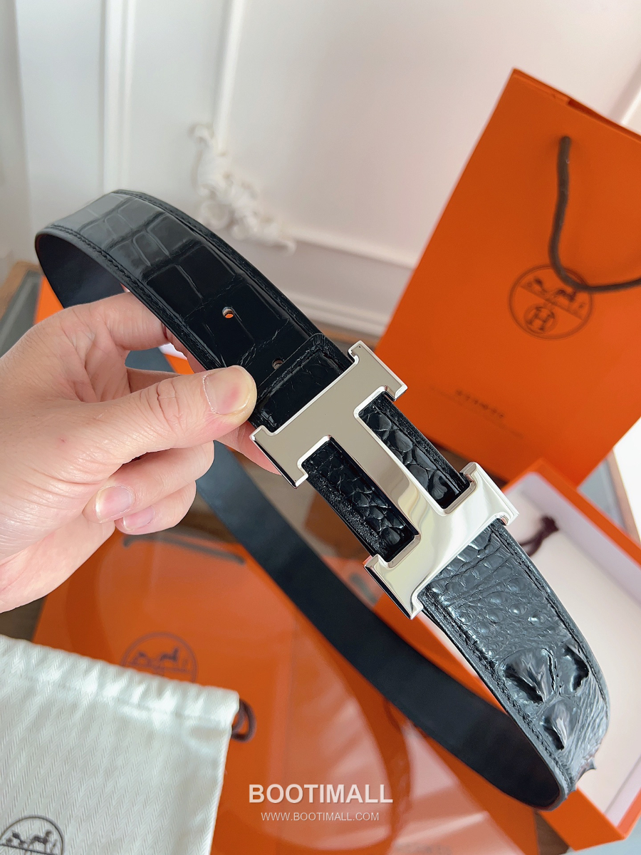 Hermès H Buckle Crocodile Hornback Leather Belt 에르메스 H 버클 크로커다일 혼백 레더 벨트 은장 3.8cm 9