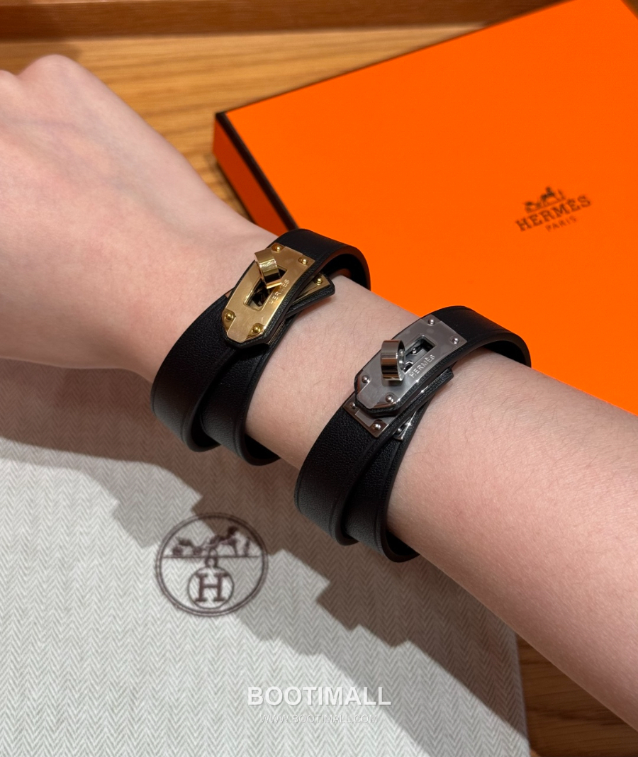 Hermès 에르메스 미니 켈리 더블랩 브레이슬릿 Swift 카프스킨 블랙 골드 하드웨어 팔 3
