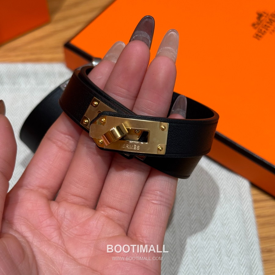 Hermès 에르메스 미니 켈리 더블랩 브레이슬릿 Swift 카프스킨 블랙 골드 하드웨어 팔 4