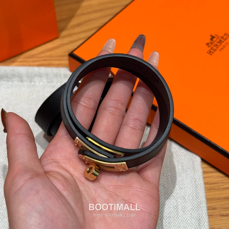 Hermès 에르메스 미니 켈리 더블랩 브레이슬릿 Swift 카프스킨 블랙 골드 하드웨어 팔 5