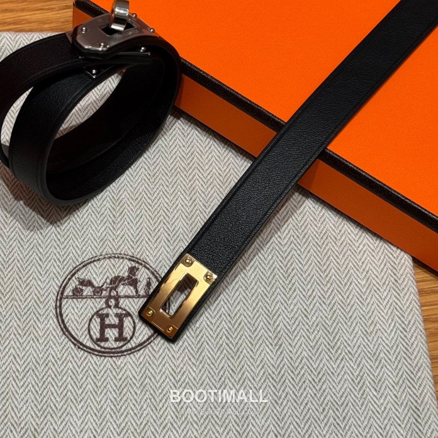 Hermès 에르메스 미니 켈리 더블랩 브레이슬릿 Swift 카프스킨 블랙 골드 하드웨어 팔 6