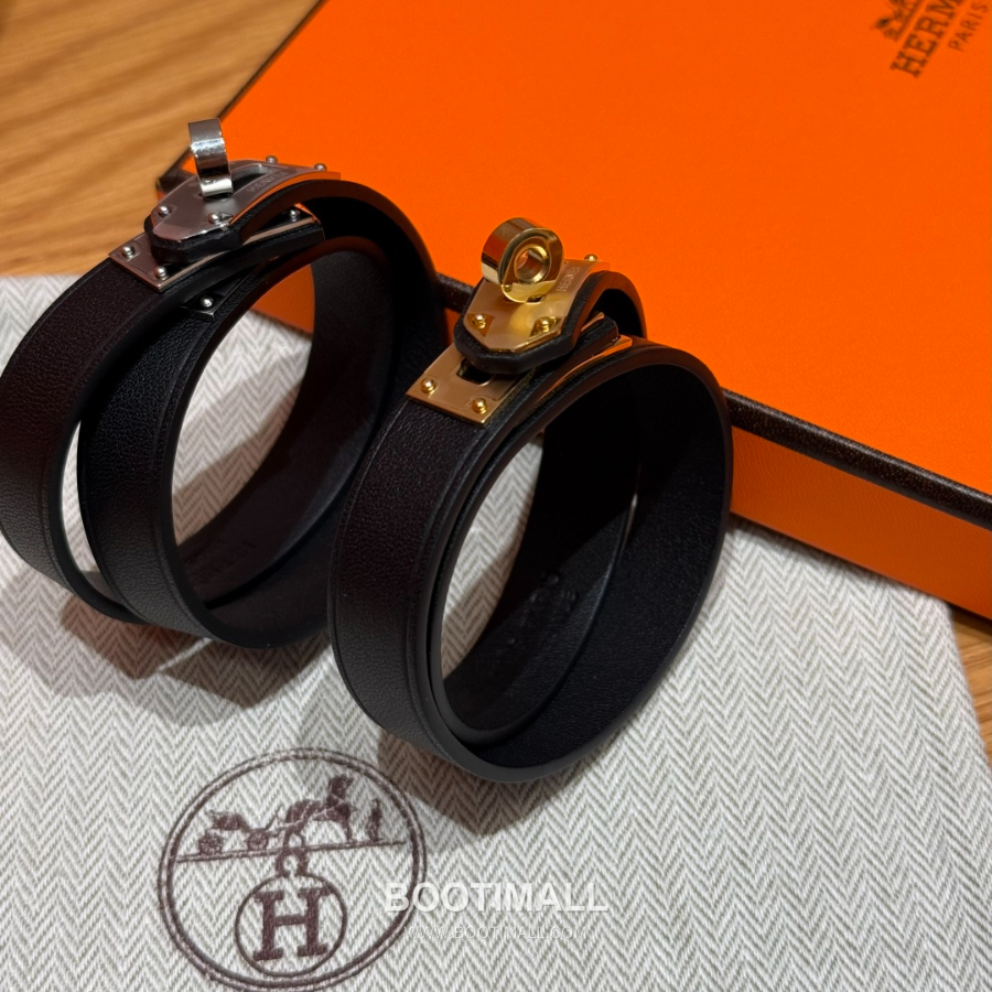 Hermès 에르메스 미니 켈리 더블랩 브레이슬릿 Swift 카프스킨 블랙 골드 하드웨어 팔 9