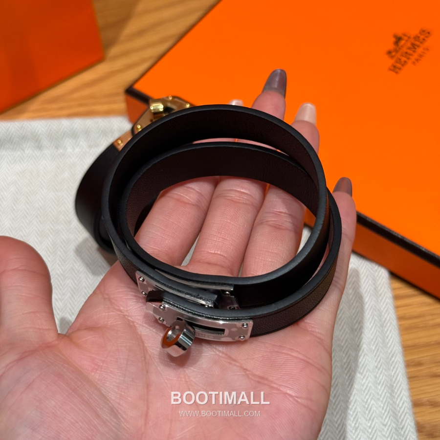 Hermès 에르메스 미니 켈리 더블랩 브레이슬릿 Swift 카프스킨 블랙 골드 하드웨어 팔 12
